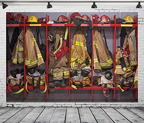 BELECO 2.7x1.8m Stoff-Hintergrund für Feuerwehr-Umkleidekabinen zum Fotografieren, Innenbereich der Feuerwache, Feuerwehranzüge, Ausrüstung, Hintergrund, Feuerwehrmann, Feuerwehrmann-Hintergrund