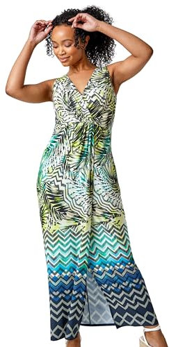 Roman Originals Maxi Dress for Women UK Ladies Twist Knot Front Empire Waist Summer Party Casual Holiday Bohemian Beach Cruise Evening Long Sleeveless V Neck Jersey - Lime Multi - Size 18