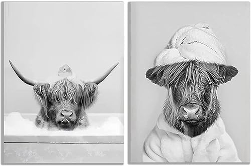 QPLGTU Badezimmer Haus Hintergrund Wanddekoration Poster, Schwarz und weiß Hochland Vieh Tier Dekoration Fotos Tapete, lustige Tier Druck Poster, Rahmenlos (Hochlandrinder 3, 50x70cm*2)