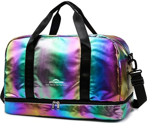 ZIOSINM Sporttasche Damen, 40L Reisetasche Damen Weekender, Glitzer Sporttasche mit Schuhfach und Nassfach, Saunatasche Schwimmtasche Trainingstasche Fitnesstasche Gym Travel Bag (Regenbogen)