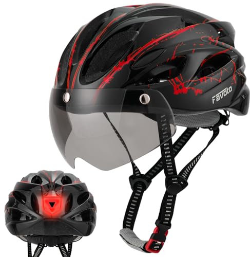 Favoto Casco da Bicicletta con Visiera Luce - Caschi Bici Ciclismo Leggero per Adulti Uomo Donna Tecnologia Inmould Fodera Removibile Traspirante L 59-61cm Regolabile Nero Rosso