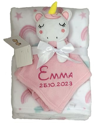 KIDDI-MEDIA Babydecke inklusive Trösterchen mit Name und Geburtsdatum Bestickt/kuschelig weich / 1A Qualität (Rosa Einhorn Regenbogen)