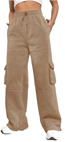 Nuofengkudu Chaud Fourré Pantalon Large Jogging Femme Cordon Taille Elastique Cargo Poches Molletonné Hiver Ample Survetement Pantalons de Sport Detente Sweatpants Sportswear Kaki S