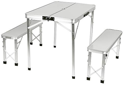 Aluminium Koffertisch mit Zwei Bänken Holzdesign klappbar Campingtisch Sitzgruppe-Campingtisch mit 2 Bänken-90 * 60 * 70cm (silberweiß)