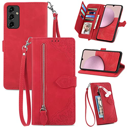JayModCase Handyhülle für Samsung Galaxy A14 5G, PU Leder Magnetverschluss Handytasche, mit Reißverschlusstasche Ständer Kartenfächer Hülle Kompatibel mit Samsung A14 5G - Rot