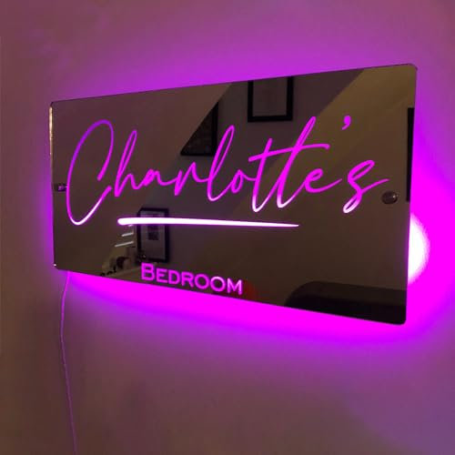hadefa Espejo luminoso LED con nombre personalizado, 12 colores, espejo luminoso, decoración de pared, logotipo grande, letrero de neón
