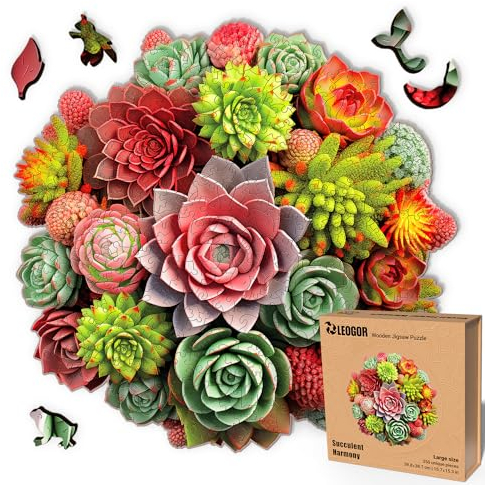 LEOGOR Holzpuzzles für Erwachsene – Sukkulenten-Spektrum – (350 Teile, groß, 39,9 x 38,9 cm) – buntes Mosaik aus Pflanzen und tierförmigen Holz-Puzzles