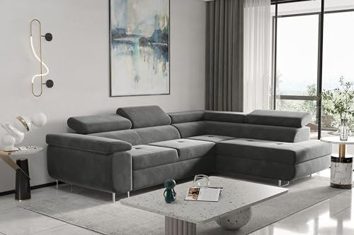Kaiser Möbel, Ecksofa mit schlaffunktion, mit Bettkasten, Schlafsofa Atom Lux, Designer Sofa, Modern Design Couch, Polsterecke, Freistehend, Stoff Monolith Klasse A, Grau Rechts
