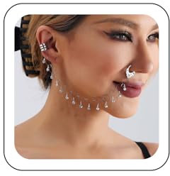 Wendalern Faux anneau de nez à oreille pour femme avec chaîne en cristal et pompon indien en strass - Sans piercing - Accessoire de costume pour adolescentes, Métal, Pas de gemme