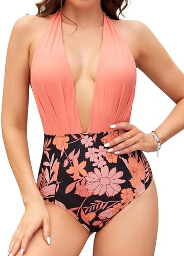 SHEKINI Donna Costume da Bagno Intero Profondo Scollo a V Halter Regolabili Beachwear Slim Backless Monokini Costumi Spiaggia, Rosa Corallo/Floreale Stampato, M