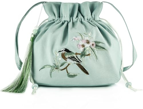 Wabilu Chinesische Hanfu-Tasche für Damen, florales Tier, bestickt, Wolke, Umhängetasche, Handtasche, Geldbörse, für Hochzeit, Reisen, Alltag, Grün , Small