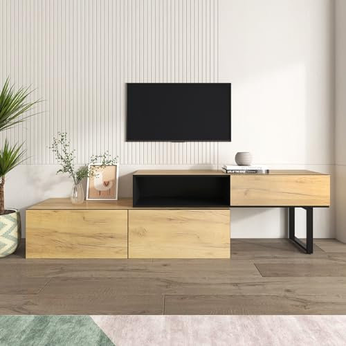 BTM Meuble TV escamotable, Banc TV avec Trois tiroirs et Un Grand Compartiment, pour Salon, Salle à Manger, Chambre, Bois+Noir, 120x34.5x55 cm