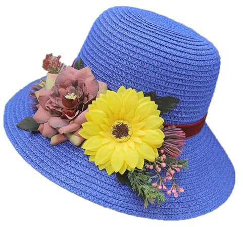 WUODHTW Sombrero de sol de ala ancha para mujer, sombrero de playa flexible para pescador, sombrero de paja plegable, sombrero de paja UPF 50, sombrero de paja con flores, azul, Talla única