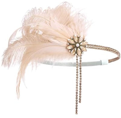 XDGBGFN 1920er Jahre Kopfschmuck Federn Stirnband Strass Flapper Haarschmuck Gatsby Kostüm Accessoires Flapper Haarband für Karneval Fasching Kostüm Accessoires Hochzeit (Champagner, Standard)