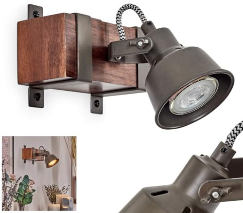 HOFSTEIN Wandleuchte Pehefito, Wandlampe aus Holz/Metall in Dunkelbraun/Stahlfarben, verstellbare Leuchte im Retro/Vintage/Industrial-Design, GU10, Wohnzimmer, Schlafzimmer, Küche, Flur, Treppenhaus