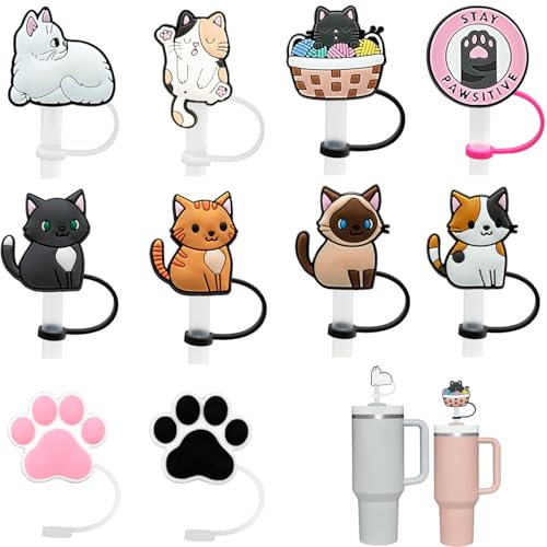 10 Stück Zubehörset für Stanley Cup, 9-10mm Katzen Strohhalm, Wiederverwendbare Silikon Strohhalm Abdeckung, Staubdichte Tragbare Strohkappen für Stanley Cup Quencher 2.0, 1,2 l und 850 ml Becher