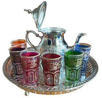 Large Moroccan Handcrafted Teapot 750ml with Engraved Silver Brass Tray and 6 Tea Glasses - Authentic Elegance of Fez
