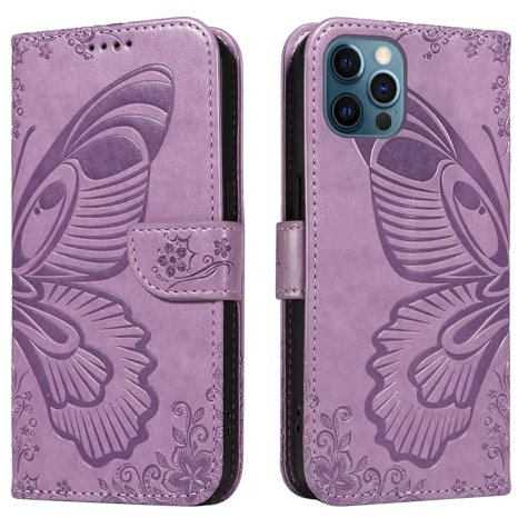 NEXCURIO Handyhülle für Apple iPhone 12 / iPhone 12 Pro Hülle Klappbar Schmetterling mit Kartenfäch Klapphülle Leder Schutzhülle Wallet Flip Case Cover Handy Tasche Handytasche - Violett