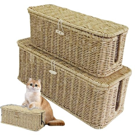 Cable Management Box, 2 x Hand-Woven Rattan Power Strip Storage Holder, Extension Wire Hiders Container, Multipurpose Breathable , Computer Router USB Hub