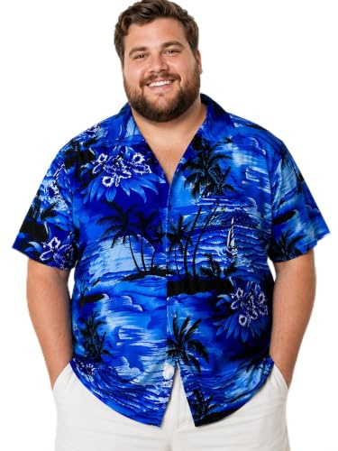 King Kameha Funky-Hawaii-Hemd, Herren, Kurzarm, Surf, Mono-Blau, 7XL