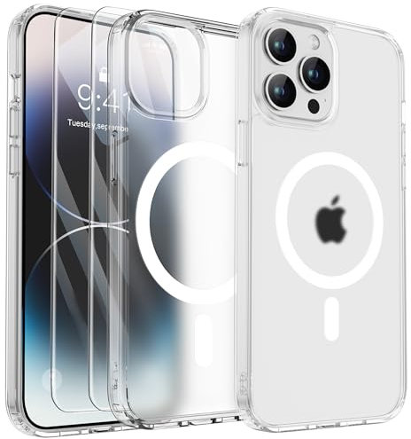 ORETECH Magnetica Cover per iPhone 14 Pro Max [Compatibile con MagSafe], con 2 Vetro Temperato e 1 Vetro Fotocamera, Custodia Traslucida Opaca Antiurto Ultra Sottile Hard PC Silicone, Trasparente