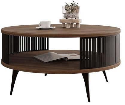 Mirjan24 Couchtisch mit Ablage Rajkon, Runde Form, Metallbeine, Kaffeetisch, Wohnzimmertische, Beistelltisch, Sofatisch, Teetisch (Nuss Franklin Tobacco, Schwarz)