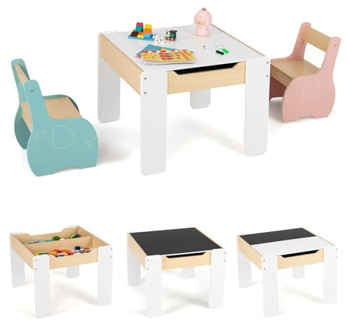 COSTWAY 4 en 1 Table Enfants avec 2 Chaises en Forme d'Eléphant, Table et Chaises en Bois avec Tableau Amovible, Espace de Rangement, Bureau pour Dessiner Jouer, Charge 30kg pour 3-6 Ans… (Bleu+Rose)