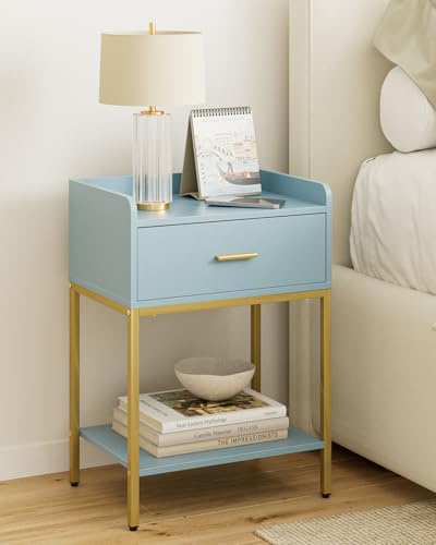 HEYZOEY Nachttisch Blau, 3-Tier modern Nachttisch Nachtschrank mit Schublade und Regal, Kleiner Beistelltisch für Schlafzimmer, Wohnzimmer, Blau(ohne Steckdose)