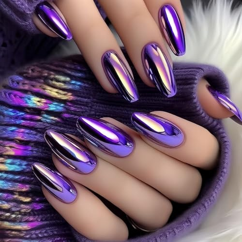 Lila Aurora galvanisierte Chrom-Kunstnägel, mittelgroß, mandelförmig, lila Chrom, Acryl-Klebe-Nägel für Damen und Mädchen, Maniküre-Dekoration, 24 Stück