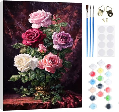 RICUVED Fleur Peinture par Numéros Kit 20x30cm pour Débutants avec Cadre en Bois –Fleur Peinture Par Numéros Pour Adulte Enfants Kit DIY Pinceaux,Peintures Décoration Murale