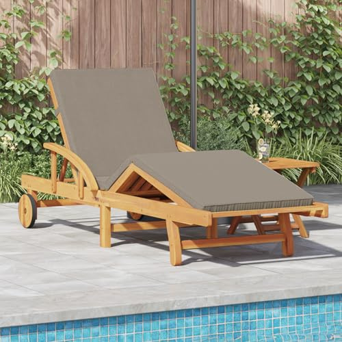 HEFZGDB Massivholz Akazie Sonnenliege mit Kissen und Tisch in Taupe - Verstellbare Rückenlehne Sonnenliege mit Beistelltisch und Komfortkissen für Außenbereich - Outdoor Relaxmöbel