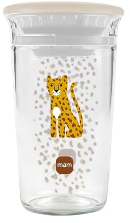 MAM Easy to Drink Cup 360° Trinklernbecher 290 ml, ab 8 Monaten, Leopard | Auslaufsicherer Silikoneinsatz mit Ventil, edle Glasoptik, leicht zu reinigen, Trinkbecher