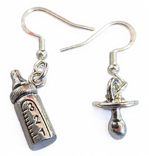 Royal Swan Mismatched, Antique Silver Baby Bottle and Dummy Earrings on Sterling Silver Hooks in a Velvet Gift Bag. Baby Shower, Christening, Pregnancy, New Child Wear Jewelry.