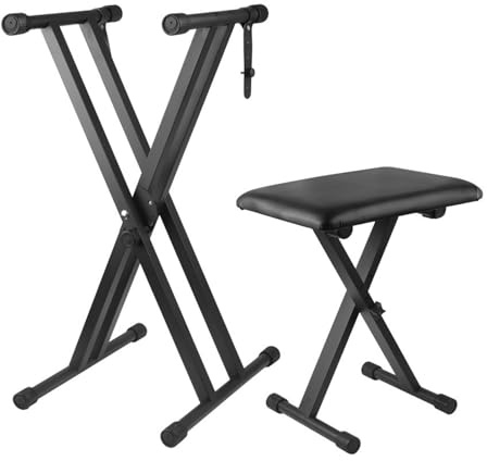 Keyboard Ständer mit Hocker,Keyboardständer,Soporte Doble en Forma de X Ajustable en Altura Negro Adecuado,Plegable,Compatible con Teclados de 61/76/88 Teclas,Aburete y Soporte para Teclado de Piano