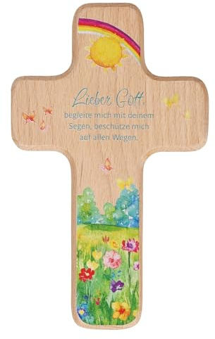 Butzon & Bercker Kinderholzkreuz 18 x 11 cm - Wandkreuz Buchenholz Natur | Farbig bedrucktes Holzkreuz mit Segenswunsch - Christliches Geschenk zur Taufe oder Erstkommunion - Inkl. Verpackung