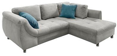 möbelando freiraum Polsterecke Allin – Ecksofa mit Liegefunktion, Cordbezug in Silber/Petrol, 250 cm, robust & komfortabel, inkl. 4 Rückenkissen & 2 Zierkissen
