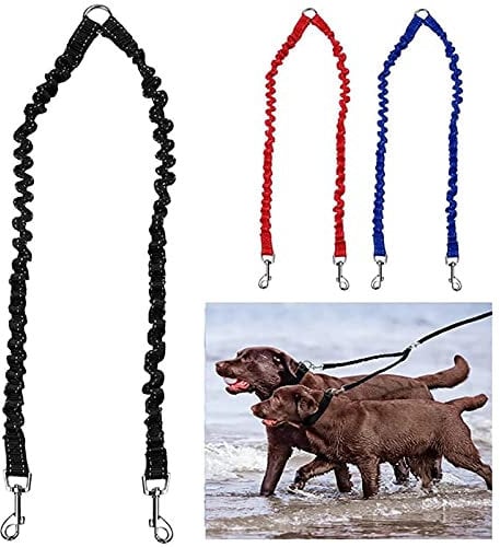 Bungee Double Dog Lead No Tangle Two 2 Dog Leash Coupler, For Walking Puppy, Small, Medium, Large dog, Adjustable 19.6 to 31.4 Inches (Black)