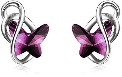 925 Sterling Silver Butterfly Stud Earrings with Crystals, Butterfly Jewellery Gifts for Women Girls (Purple)