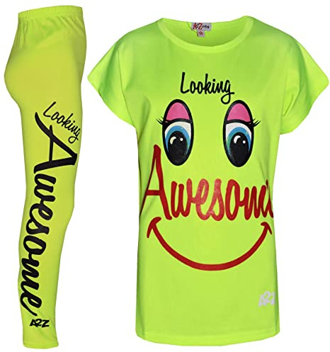 A2Z 4 Kids Girls Top Kids Looking Awesome Print Trendy T Shirt Tops & Legging - Looking Awesome Set Neon Green._11-12