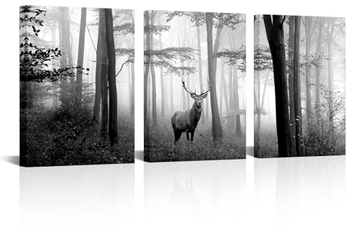 Visual Art Decor Schwarz-weiße Wandkunst Reh im Herbst Nebel Wald Bild Indeer Elch Hirsch Leinwand Drucke für Zuhause Wohnzimmer Schlafzimmer Wanddekoration fertig zum Aufhängen
