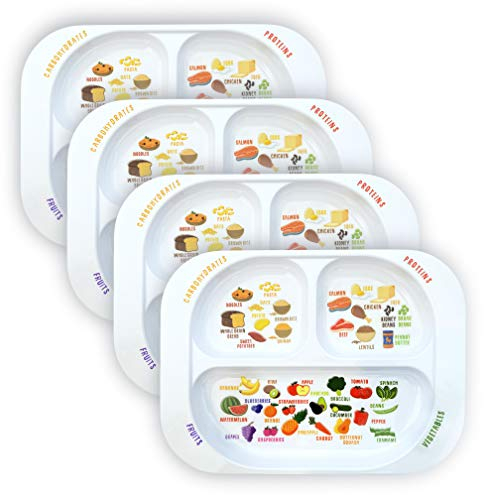 j&m Healthy Learning Plate, Divided Portion Control with Sections to Learn Nutrition, Food Groups & Portion Sizes, Dishwasher-Safe (4 Pack)
