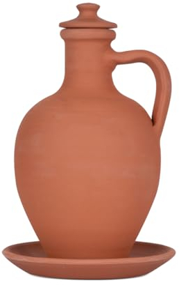 Hakan Anadolu Ensemble pichet à eau en argile naturelle | Carafe et assiette en terre cuite non émaillée | Petite carafe à boue traditionnelle | Bocal de poterie pour eau potable (taille L, 3 005 g)