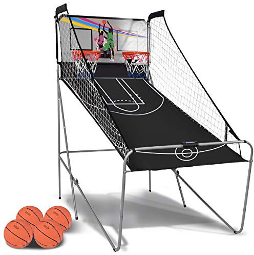 RELAX4LIFE Panier de Basketball Pliable Électronique avec 1 Panneau d'Affichage, 2 Paniers, 4 Basket-Balls, 8 Modes de Jeu, Panier Basket Jeux intérieur Exterieur Assemblage Facile, 202x107x205CM