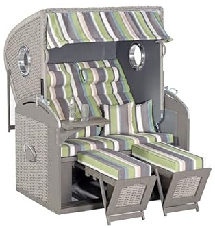 SunnySmart Sunny SMART Rustikal 305 Z Bullauge Comfort XL Strandkorb, Pinienholz/Geflecht, Stone-Grey/grau 1226, inkl. seitl. Fenster und Rückholfedern