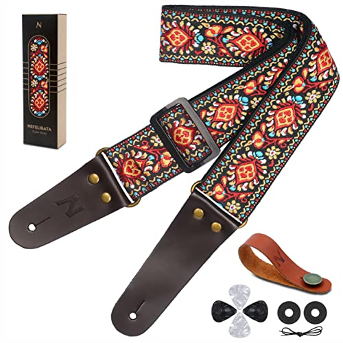 Nefelibata Gitarrengurt, Vintage bestickte Baumwollgitarrengurte mit Echtlederenden für Bass-, Elektro- und Akustikgitarren, mit kostenlosem Gurtknopf, 2 Gurtschlössern und 4 Gitarrenplektren