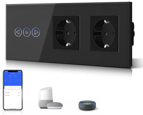 BSEED Enchufe doble normal con regulador inteligente Alexa interruptor de luz de cristal Wifi Touch (necesita cable neutro), 1 vía, compatible con Tuya/Google Home/SAMRT LIFE negro