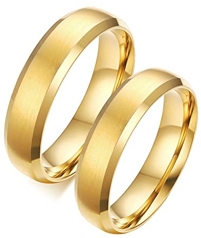 Beydodo Partnerringe Edelstahl mit Gravur, Verlobungsring Ringe Set, 6MM Gold Matt Ringe Damen Gr.60 (19.1) + Herren Gr.62 (19.7)