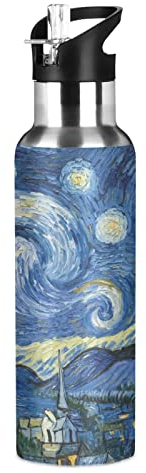 JUMBEAR Van Gogh Bouteille d'eau isotherme en acier inoxydable étanche avec couvercle à paille pour fitness, gym et sports de plein air, 650 ml