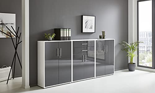 BMG Möbel Aktenschrank Office Edition Set 15, Büroschrank abschließbar mit Metallgriffen Made in Germany (Weiß/Anthrazit Hochglanz)