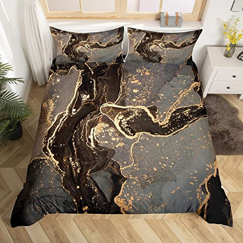 Marbling Duvet Cover Set Super King Size, Black Grey Gold Bedding Set 3pcs for Kids Boys Girls Bedroom Decor, Luxury Abstract Marble Comforter Cover Soft Polyester Quilt Cover with 2 Pillowcases